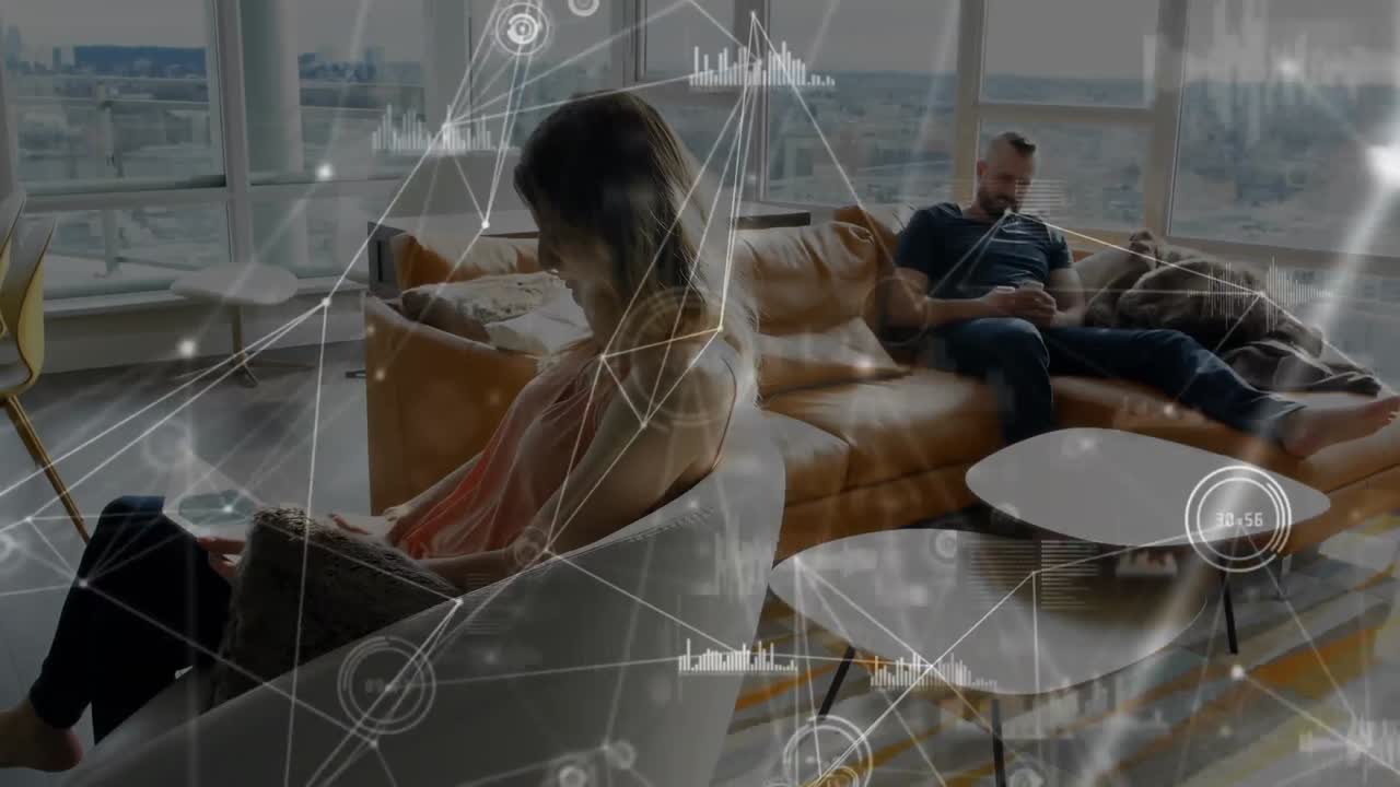 스마트 폰을 사용하는 남성과 여성에 대한 연결 네트워크