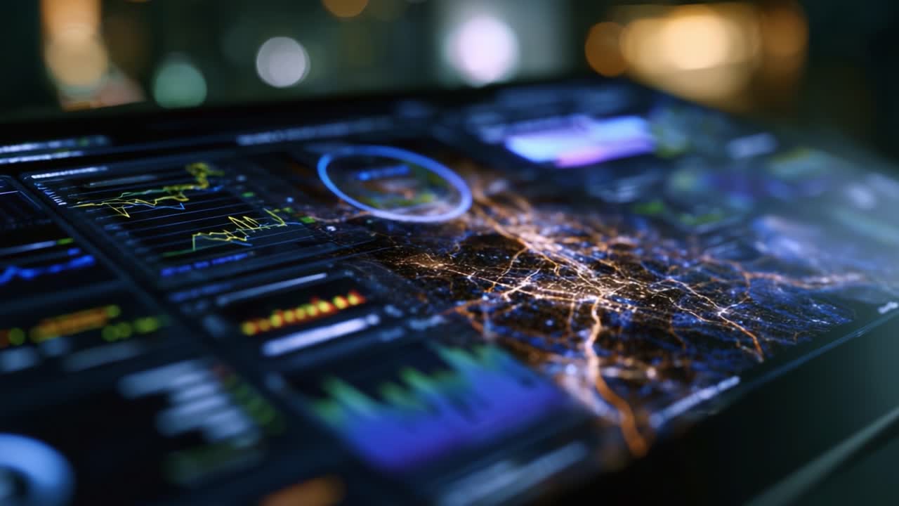 Data Visualization Analysis on a Digital Dashboard Showing Complex Analytics and Network Patterns in an Interactive Video Monitoring Environment