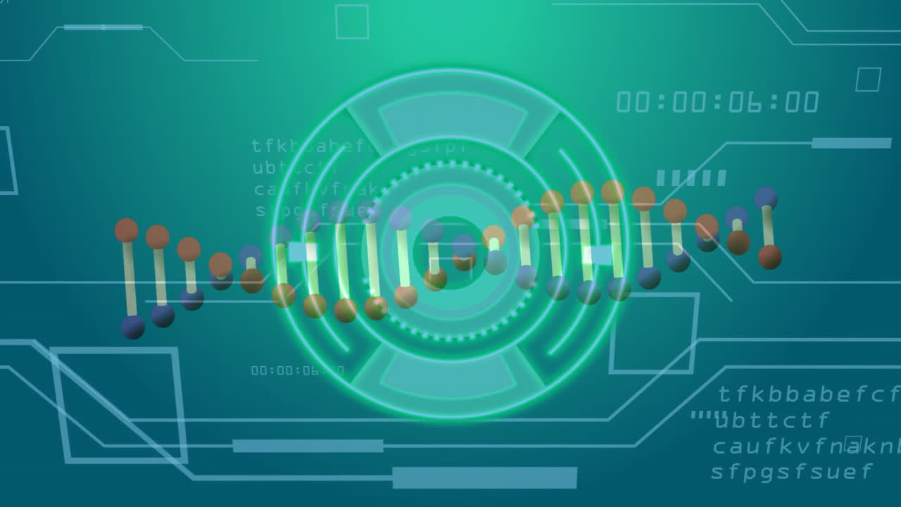 Animation of dna strand over scope scanning with data processing on blue background