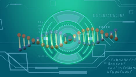 animation of dna strand over scope scanning with data processing on blue background