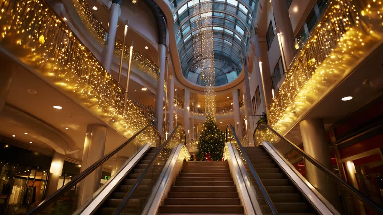A Festive Indoor Plaza with Glimmering Lights and a Christmas Tree Illuminating the Stairs, Perfectly Capturing the Spirit of the Holiday Season in a Modern Shopping Environment