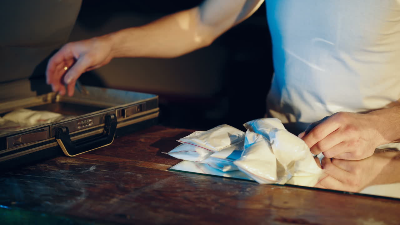 Drug dealer places packets with psychotropic drugs. Many types of drugs lay on the table in front of him. Criminal business