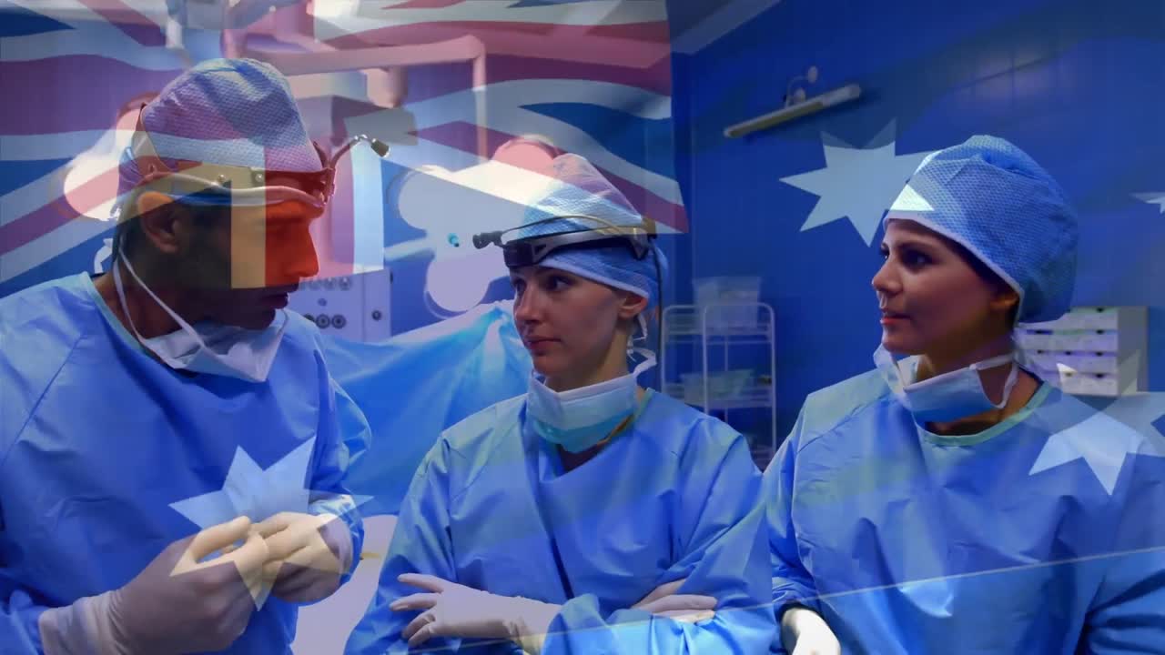 수술실 에서 외과 의사 들 위 에 흔들리는 오스트레일리아 국기 의 애니메이션