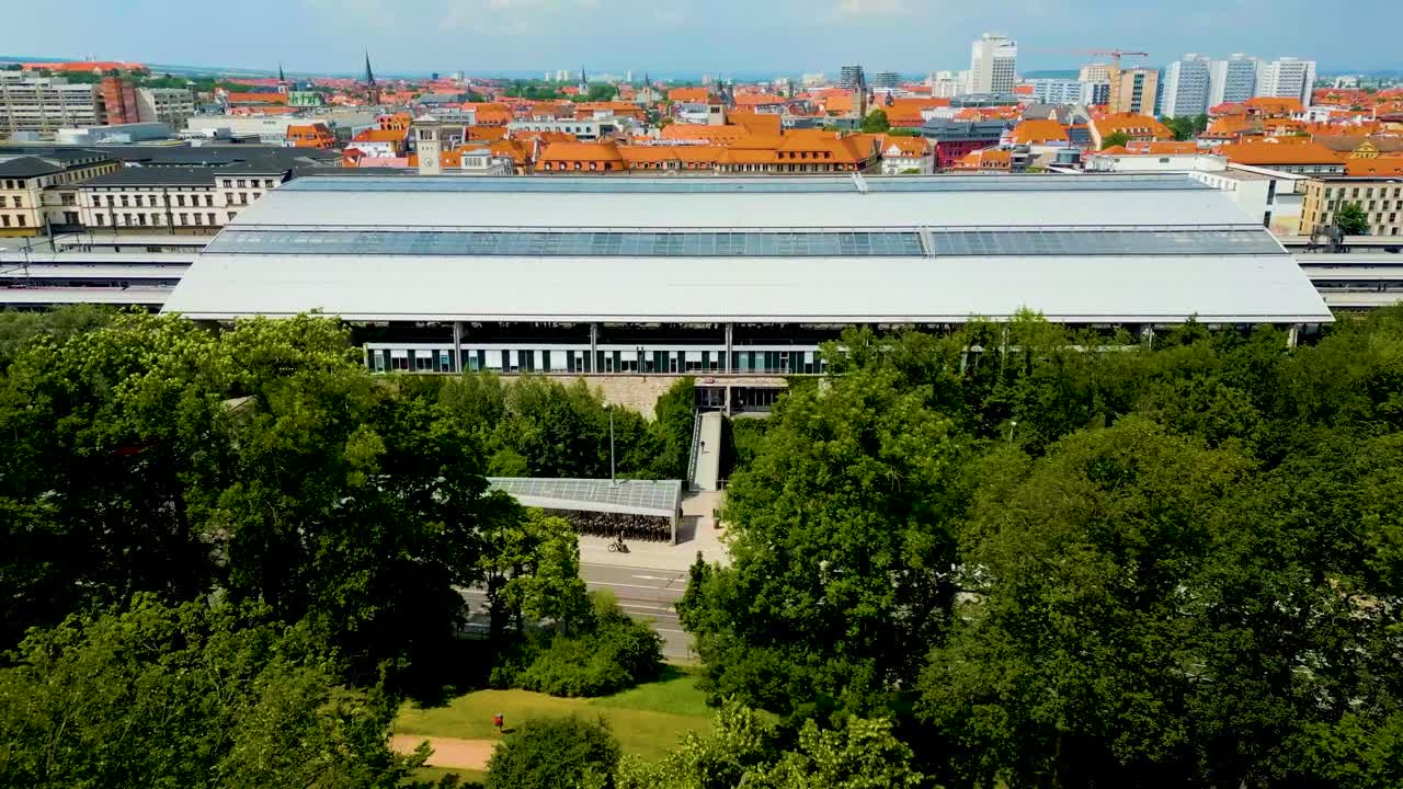 4K Aerial Drone Video of the City Park next to the Train Station in Downtown Erfurt, Germany