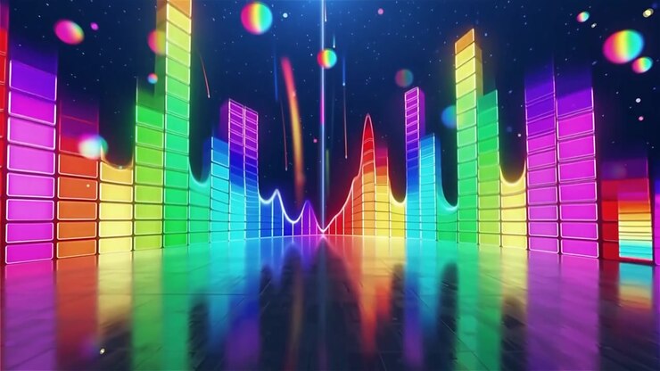 Futuristisk regnbuefarvet neon musik equalizer visualisering baggrund.