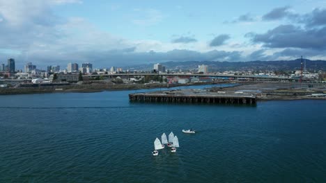 Tiny-sport-boats-sail-in-formation-while-training