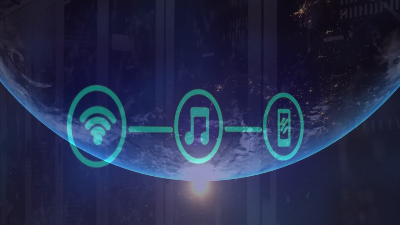 animación de la red de iconos digitales sobre el globo y punto de luz contra la sala del servidor de computadora