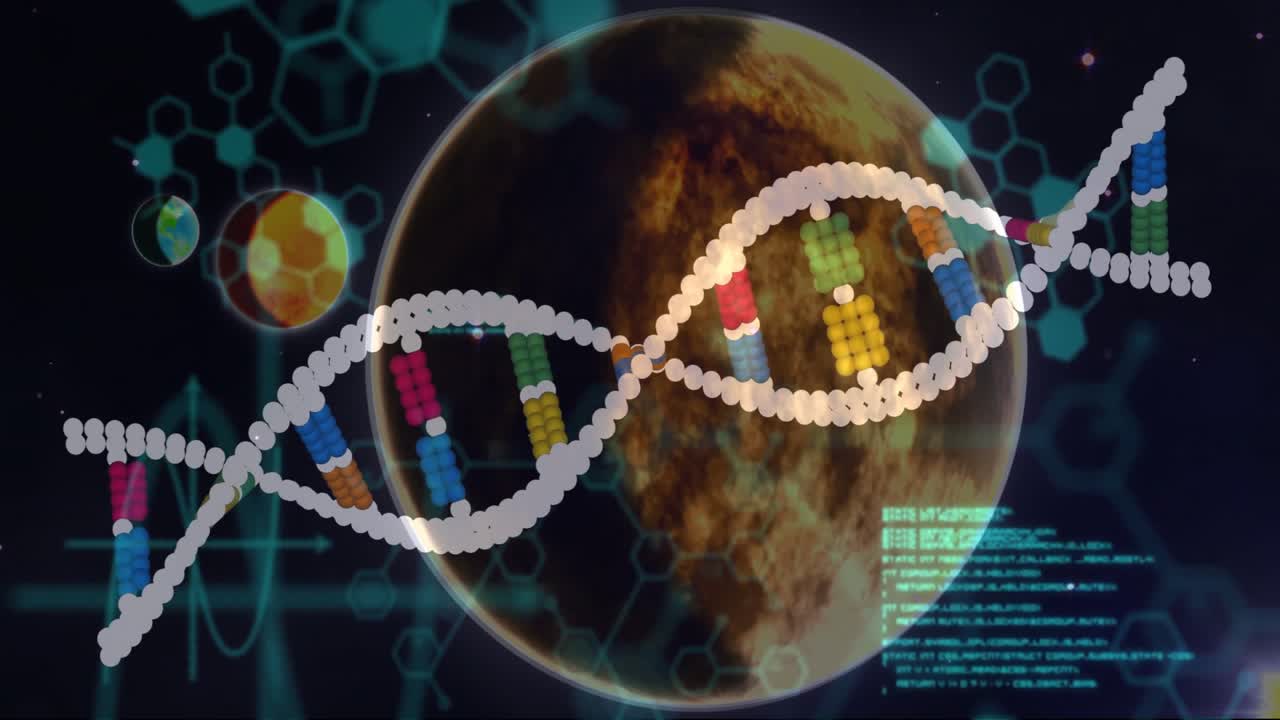 Sfere in orbita che danno inizio all'emergere di un'elica, filamento di DNA che ruota e si muove su Marte, mappando il codice DNA