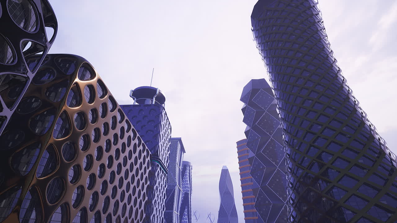 paisaje urbano futurista con altos y modernos rascacielos