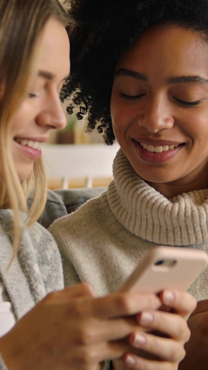 Vertical video: Showing phone left woman tapping in cardigan friend leaning in at home sharing post