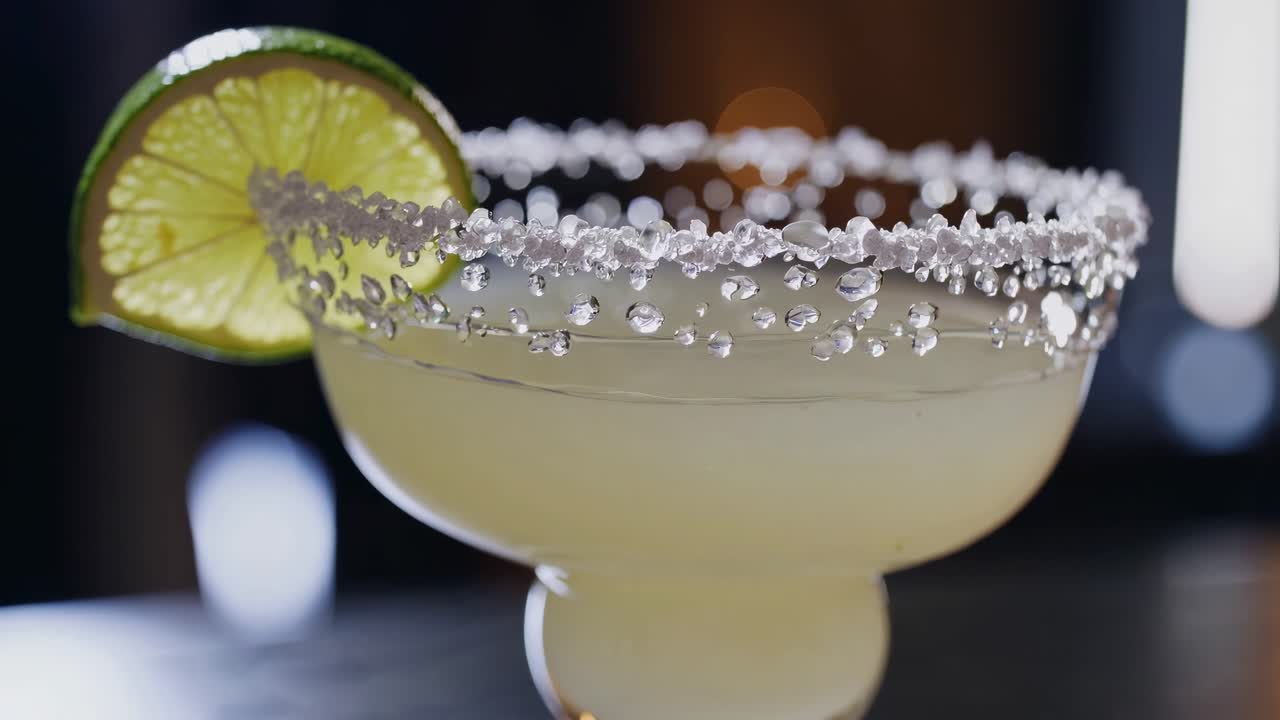 Margarita cocktail is garnished with a lime wheel and salt on the rim of the glass, placed on a bar counter with blurred lights in the background