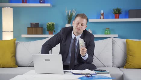 home office worker man proud, money happiness.