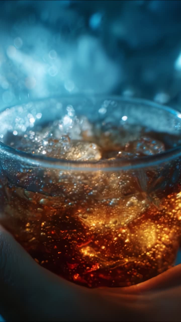 Bevanda rinfrescante con ghiaccio: primo piano di un bicchiere pieno di bevanda frizzante, che mette in risalto le bollicine e l'estetica refrigerata in un'atmosfera invitante