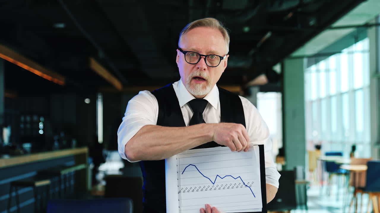 Successful senior businessman wearing glasses, white shirt and black vest showing the documents. Man explaining the charts in the office.