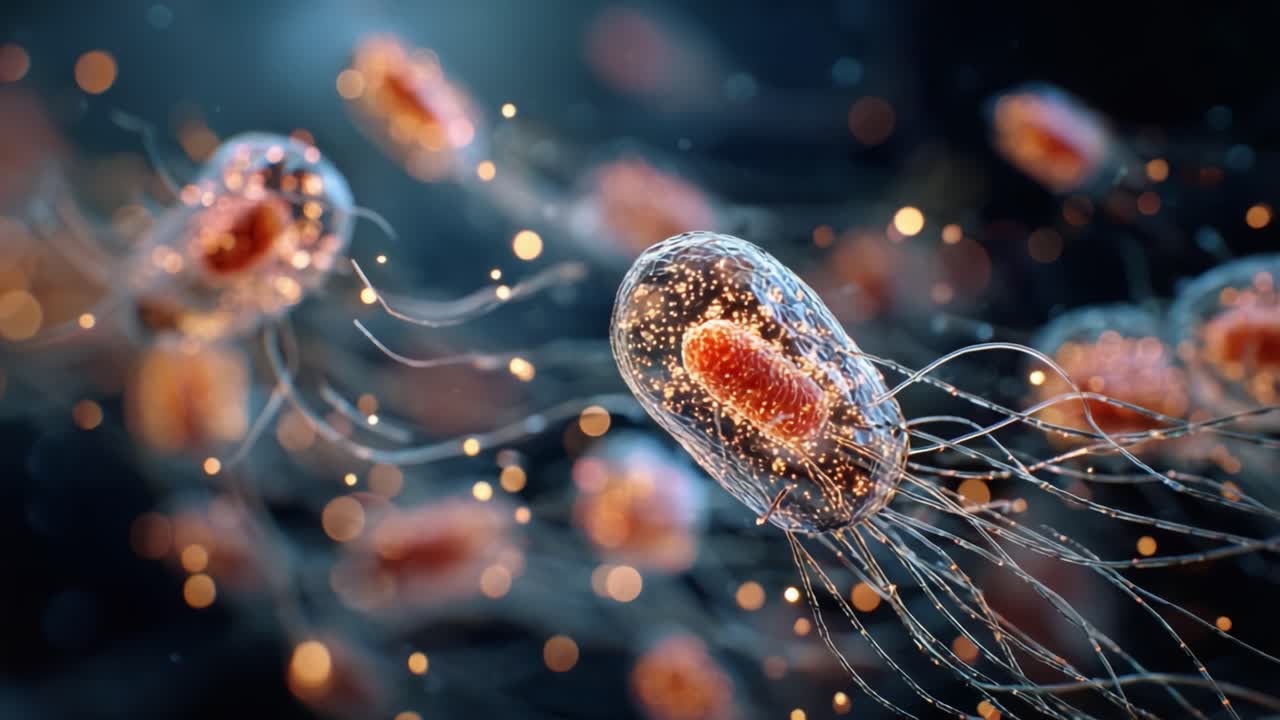 Esplorare il mondo microscopico: Visualizzazione dinamica di batteri con caratteristiche bioluminescenti, che mostra il loro movimento e le loro strutture in un ambiente astratto