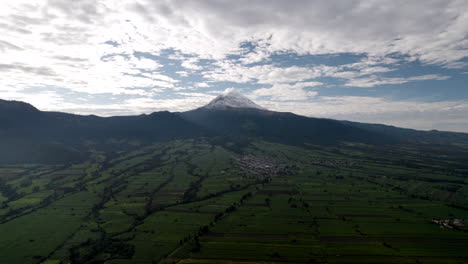 drone shot of the valley surrounding popocatepetl volcano in mexico city during the morning