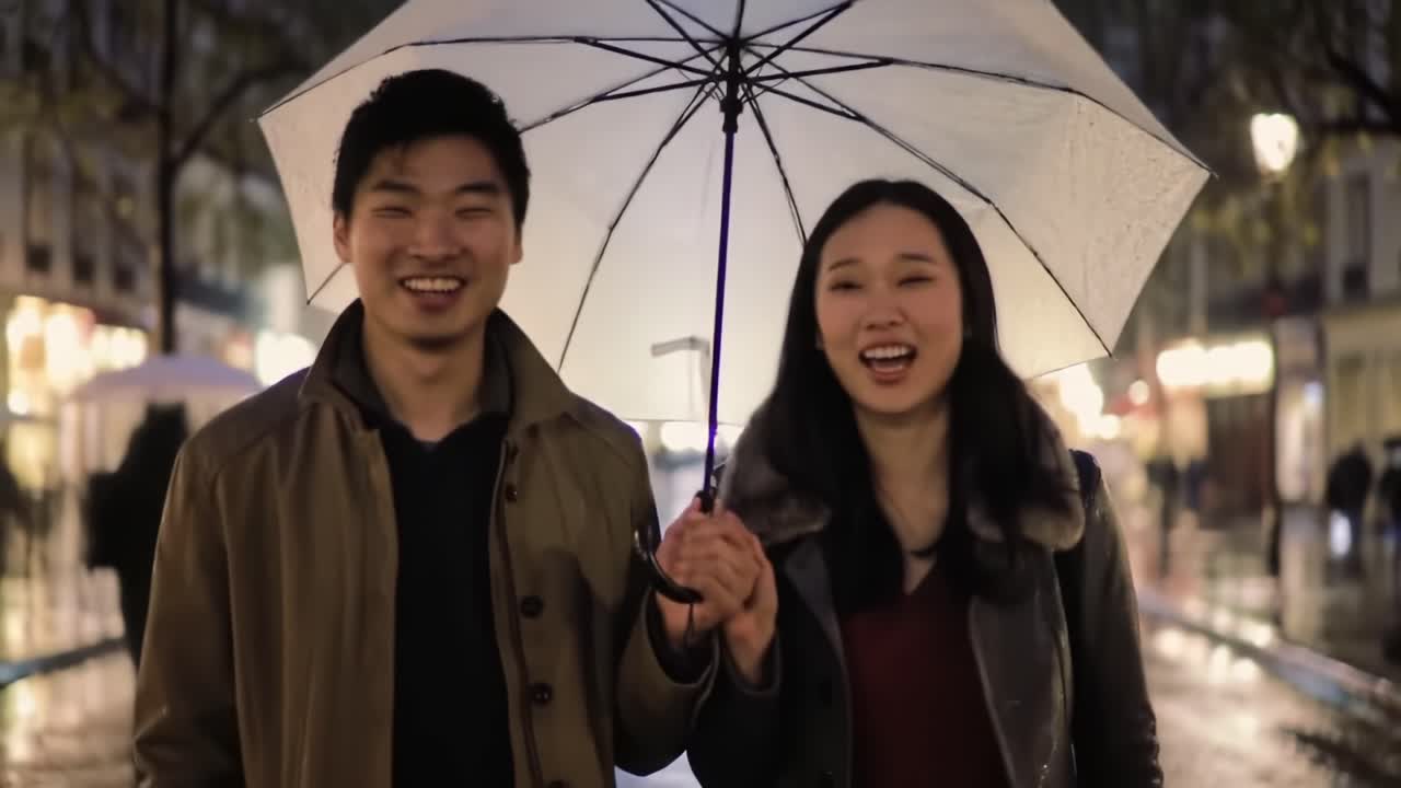 Couple Enjoys a Romantic Walk Under an Umbrella in a Vibrant City on a Rainy Evening