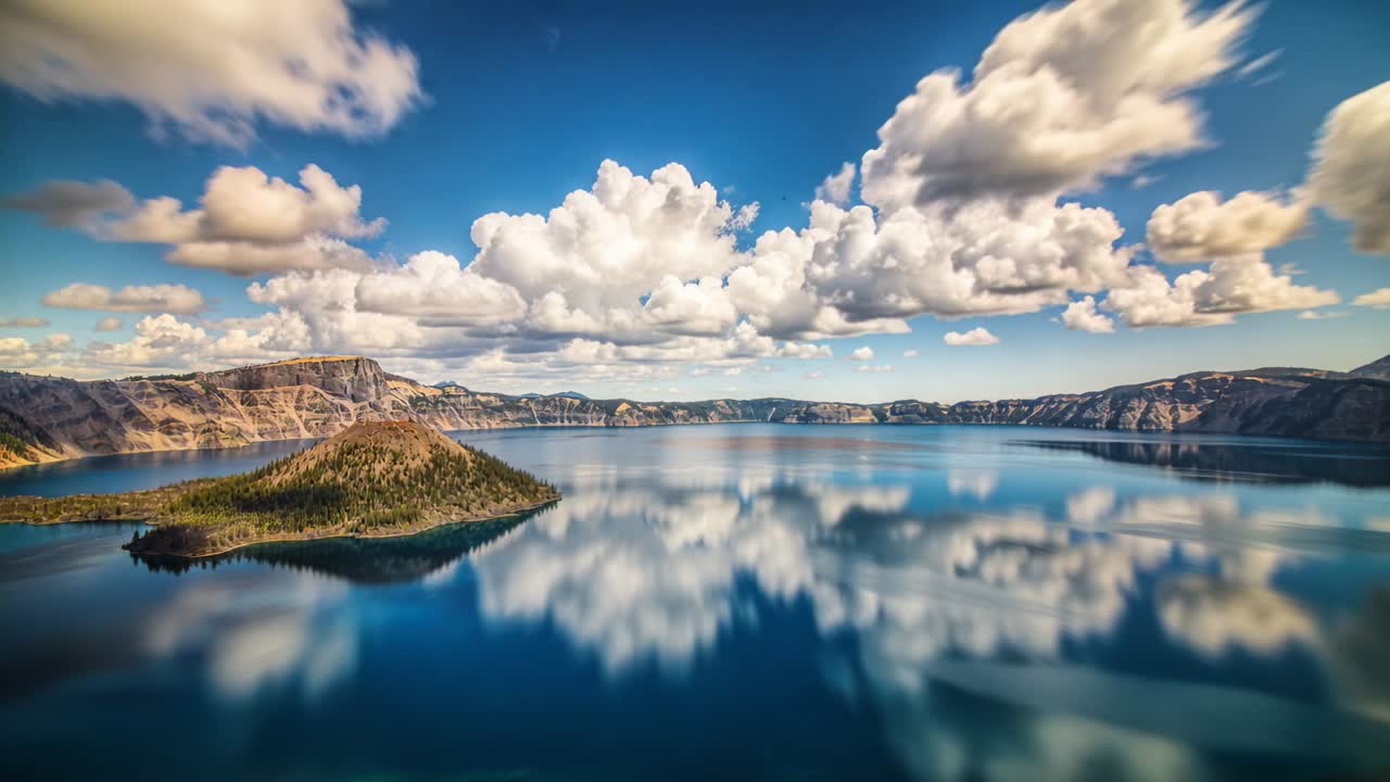 Nuvole cumuliformi che fluttuano nel cielo con una leggera brezza, riflessi cangianti su lago di caldera e isola