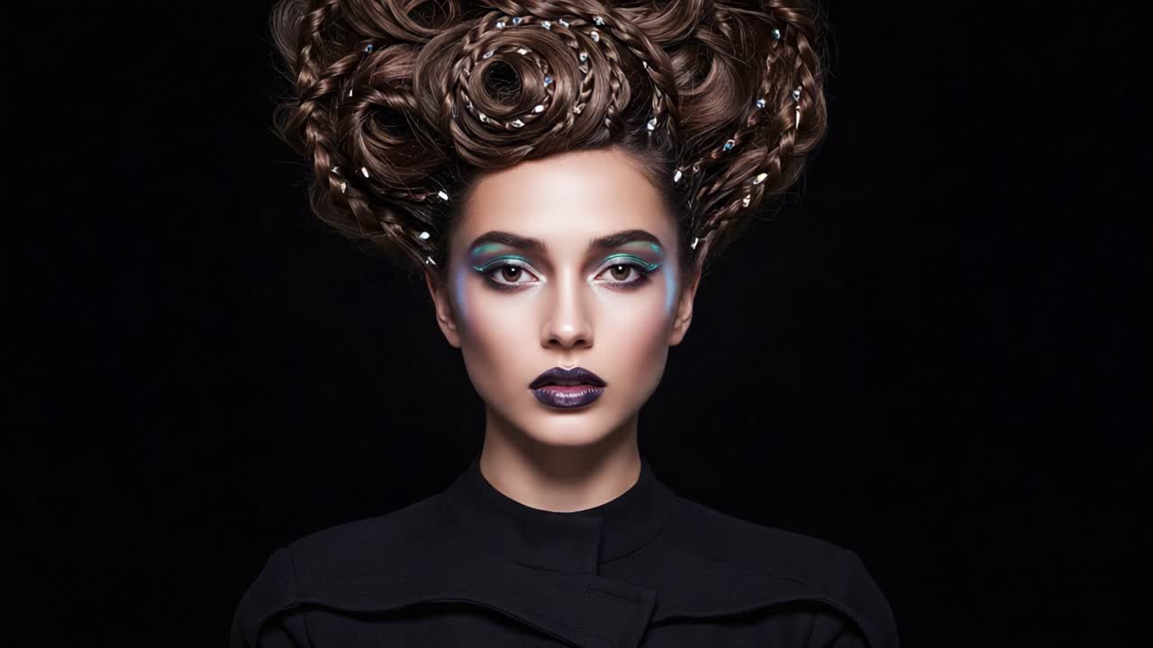 Ritratto accattivante di una modella con squisiti capelli intrecciati e trucco drammatico in un'ambientazione scura, che evidenzia la fusione di arte e moda.