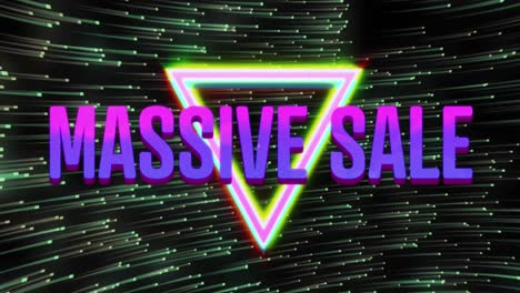 animation of massive sale over neon triangle on black background