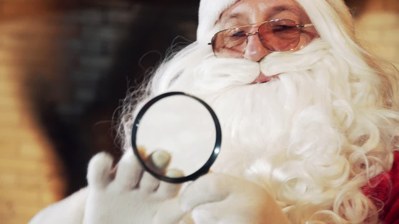 Santa Claus with a magnifying glass. Elderly Santa with white beard looking into glass in his residence. Close-up. Christmas concept