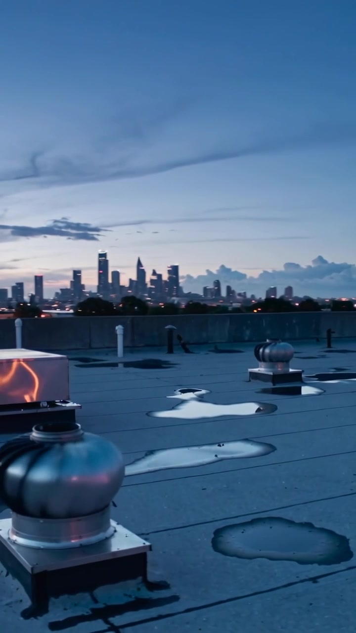 Vertical video: Camera panning, turbine vent anchoring while showing flat roof pools and skyline