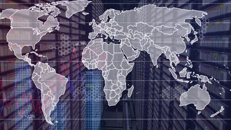 Animation-of-map-and-circuit-board-pattern-over-aerial-view-of-equipment-in-warehouse
