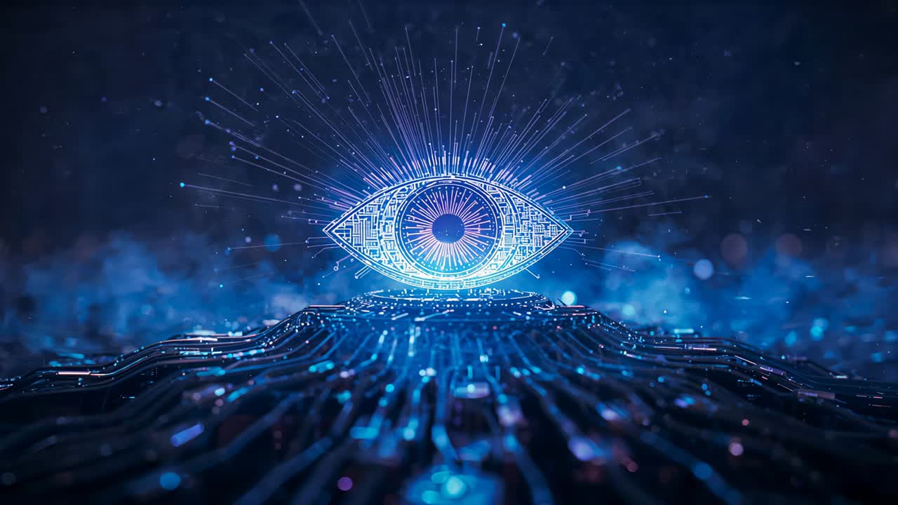 Materializing eye icon over circuit board pulsing lines illuminating nodes toward activation