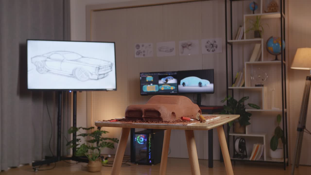 la escultura de arcilla de coche está en la mesa en el estudio con tv y computadoras muestran modelo de coche eléctrico 3d