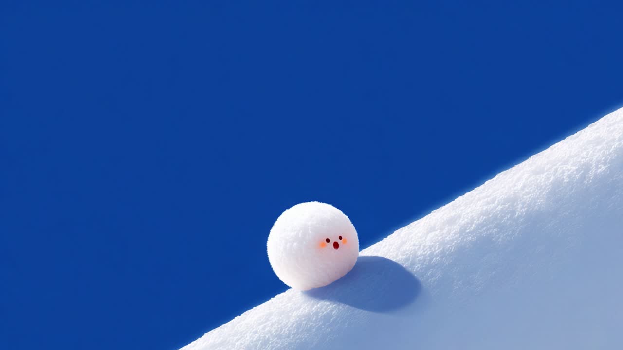 A solitary white sphere balances precariously on a snowy edge, contrasting sharply against a vivid blue sky, encapsulating the delicate beauty of winter landscapes
