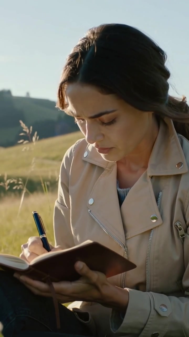 Video verticale: Apertura di un quaderno marrone, donna che scrive appunti su una collina erbosa con una giacca color cammello e una penna