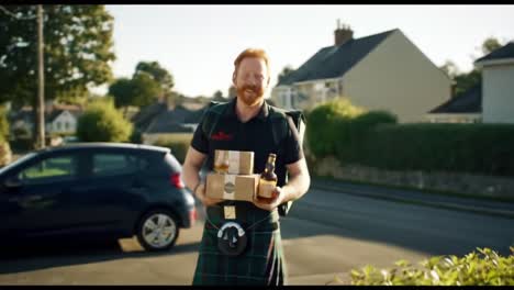 a redheaded man in a kilt delivers packages of spirits to a happy couple in their neighborhood, creating a warm and joyful atmosphere