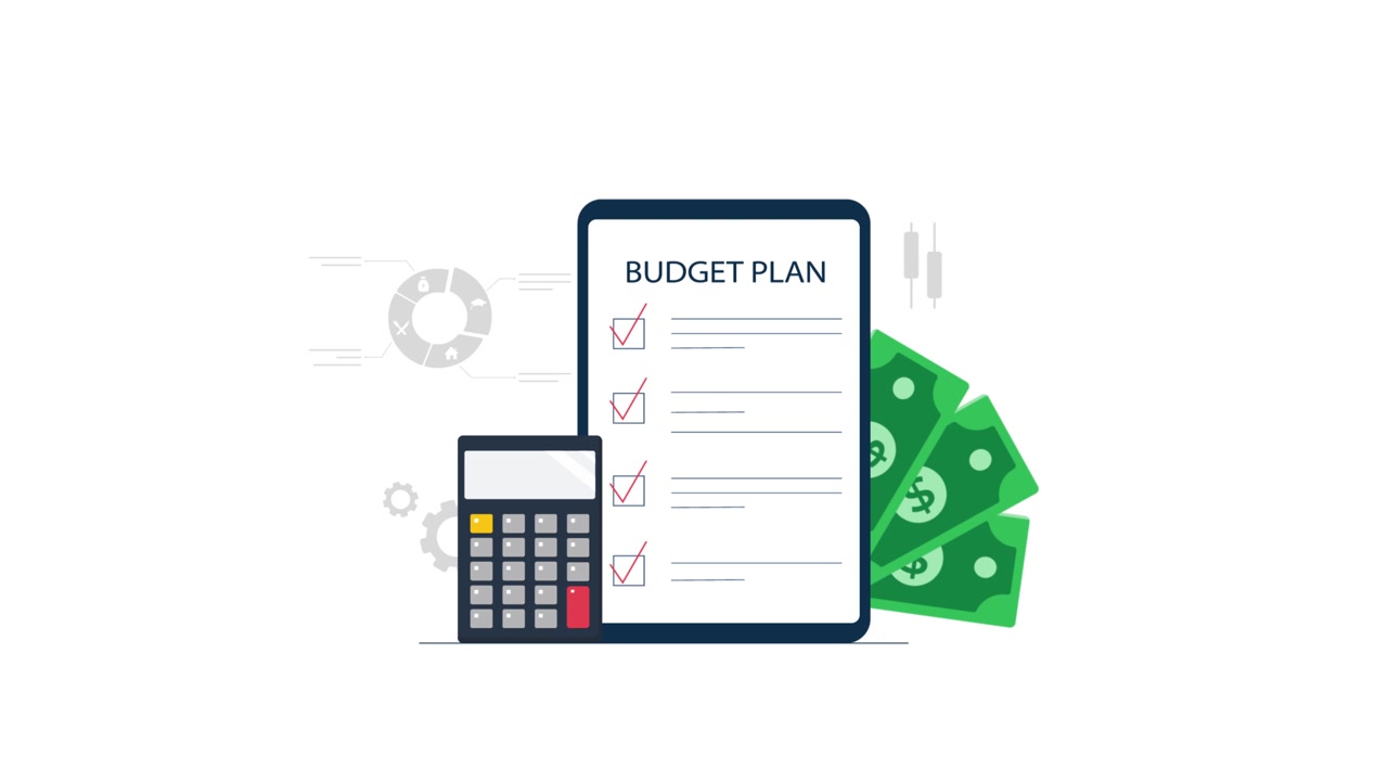 Checklist animata per la pianificazione del budget con calcolatrice e denaro