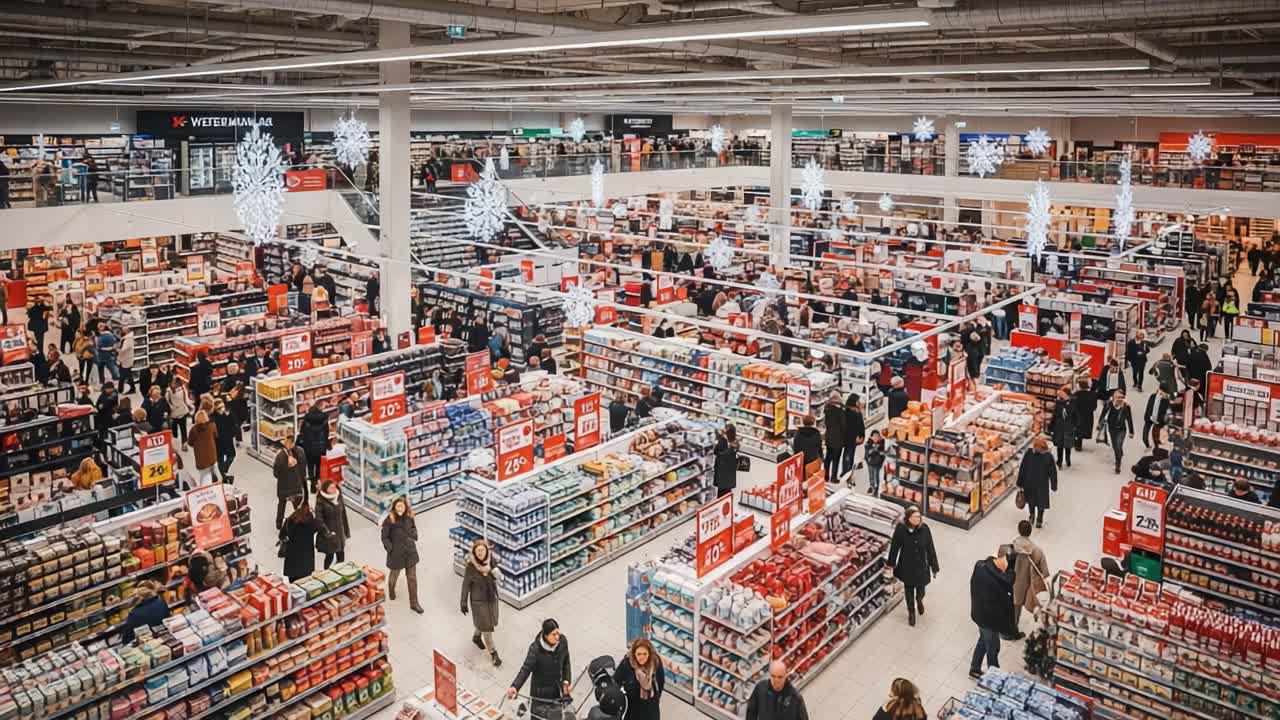 Busy Supermarket Interior with Shoppers and Product Aisles
