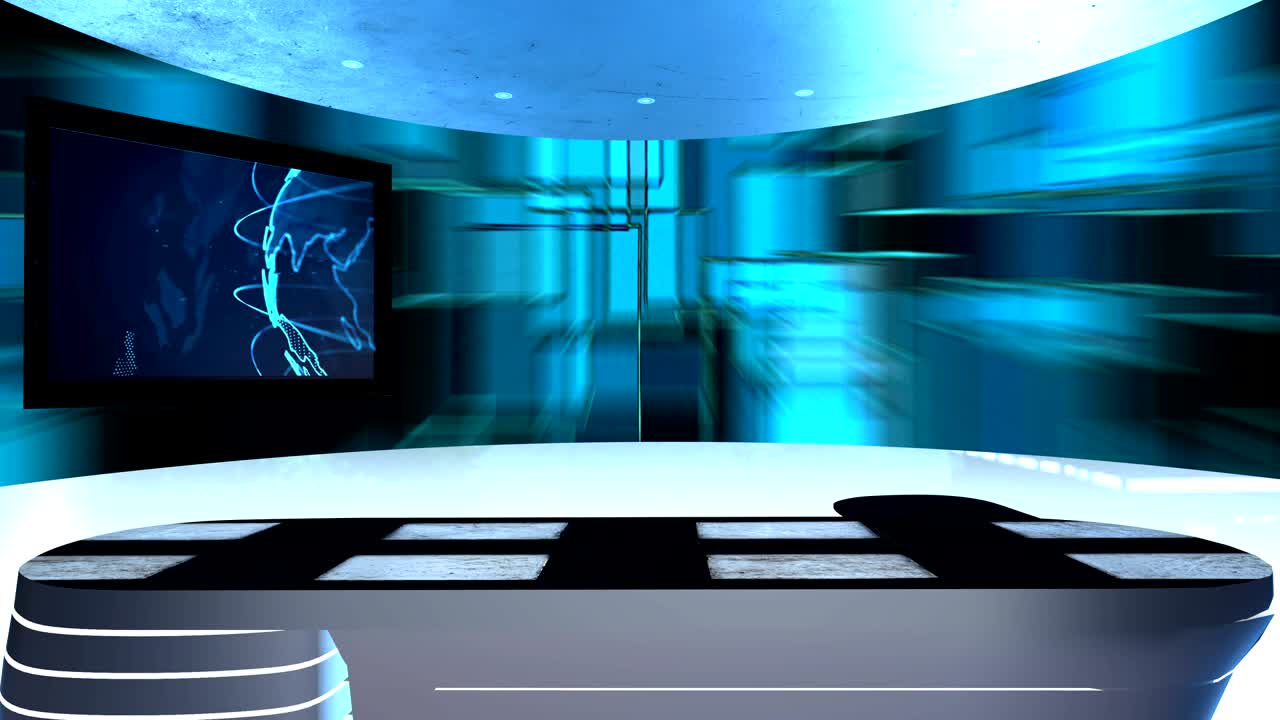 테이블과 두 개의 tv 스크린을 가진 가상 스튜디오 - 가상 tv 스튜디오는 녹색 스크린 또는 크로마 키 비디오 프로덕션에서 가상 배경으로 사용하도록 설계되었습니다.