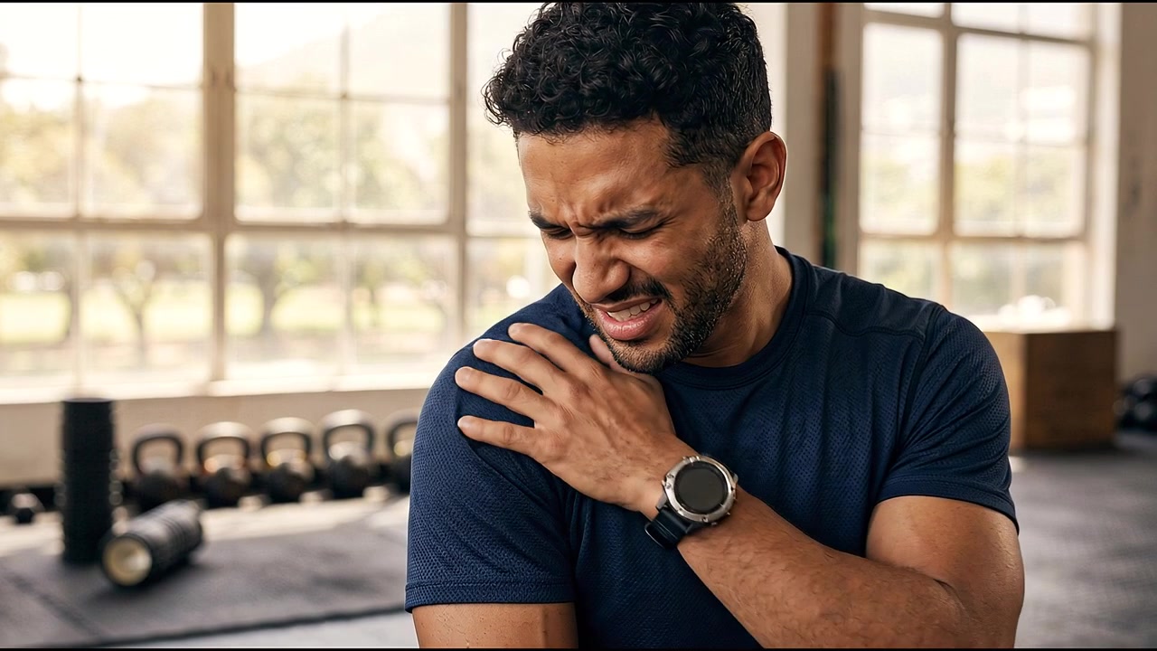 Close up portrait of man touching painful shoulder muscles with expression of discomfort