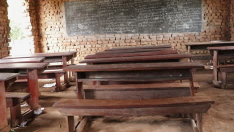 empty classroom with wooden desks and a chalkboard in kampala, uganda