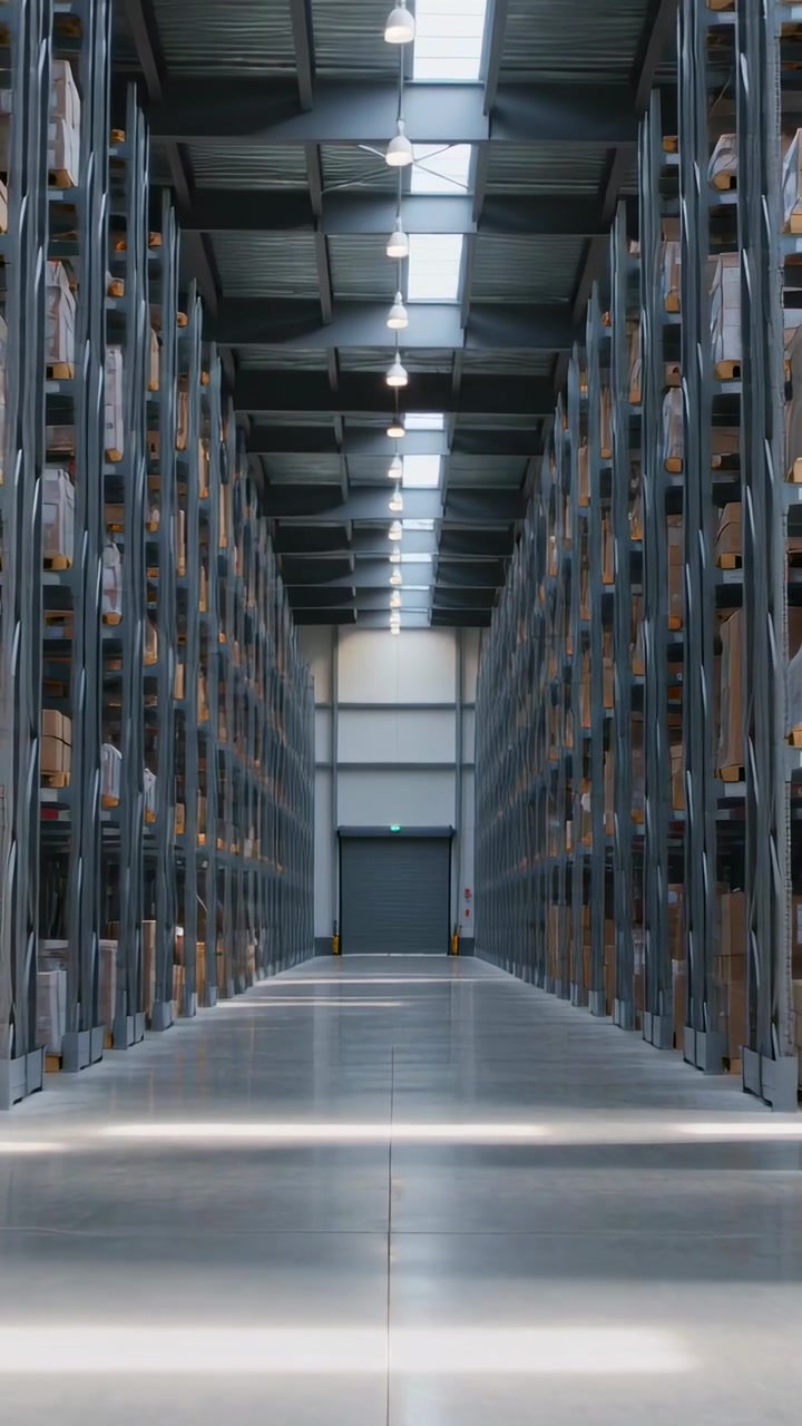 Vertical video: Moving dolly forward down storage aisle, revealing racks, skylight, rollup door