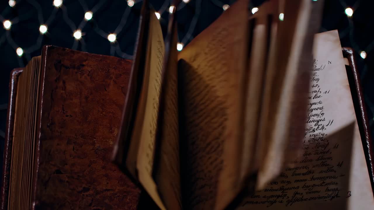 A close-up video of an old book with handwritten pages turning, set against a backdrop of twinkling