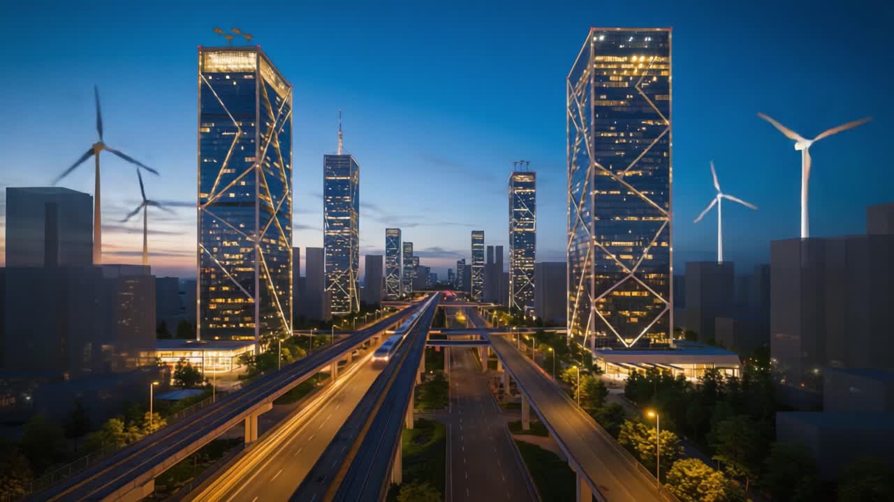 Impresionante transformación del paisaje urbano nocturno: Un horizonte futurista con turbinas eólicas, rascacielos iluminados e infraestructura moderna en brillante contraste.