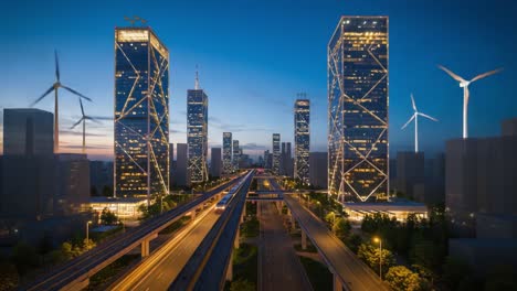 stunning cityscape transformation at night: a futuristic skyline with wind turbines, illuminated skyscrapers, and modern infrastructure in brilliant contrast