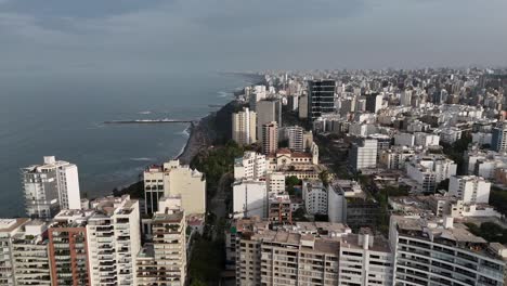 Aerial-drone-morning-footage-of-Lima-skyline,-the-capital-city-of-Peru-in-South-America-Miraflores-Chorrillos-Barranco-Malecón-de-Miraflores-cliffs