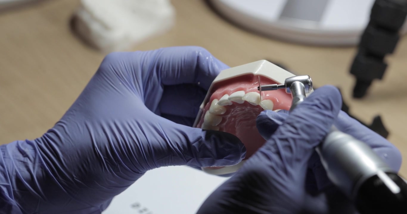Close-up of a woman's hands in blue gloves working on a dental model, prosthetics, 4K