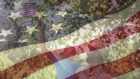 Animation-of-male-soldier-embracing-smiling-son-over-american-flag