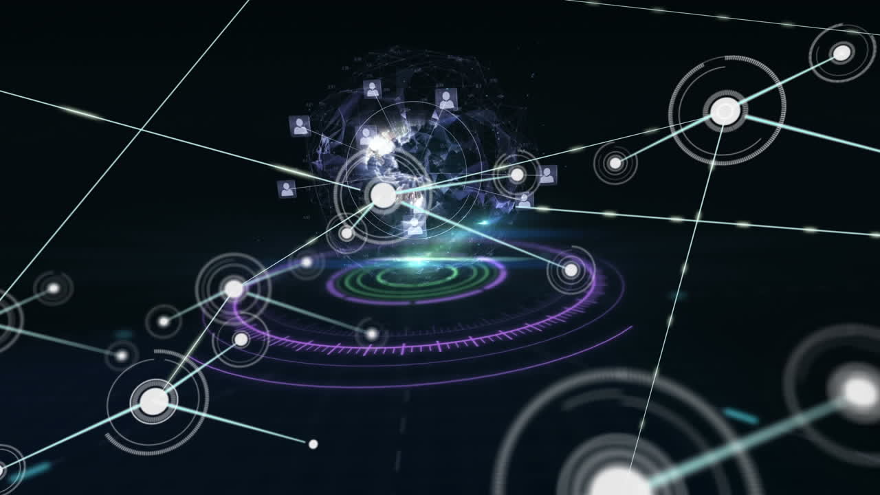 검은 바탕의 둥근 스캐너 위에 회전하는 지구에 대한 연결 네트워크