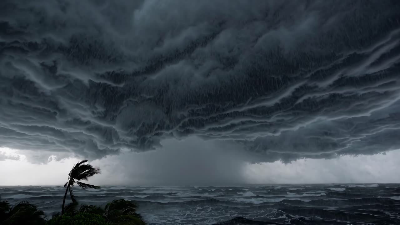 Dramatic low-angle shot of a stormy ocean under swirling dark clouds, capturing a cinematic, intense