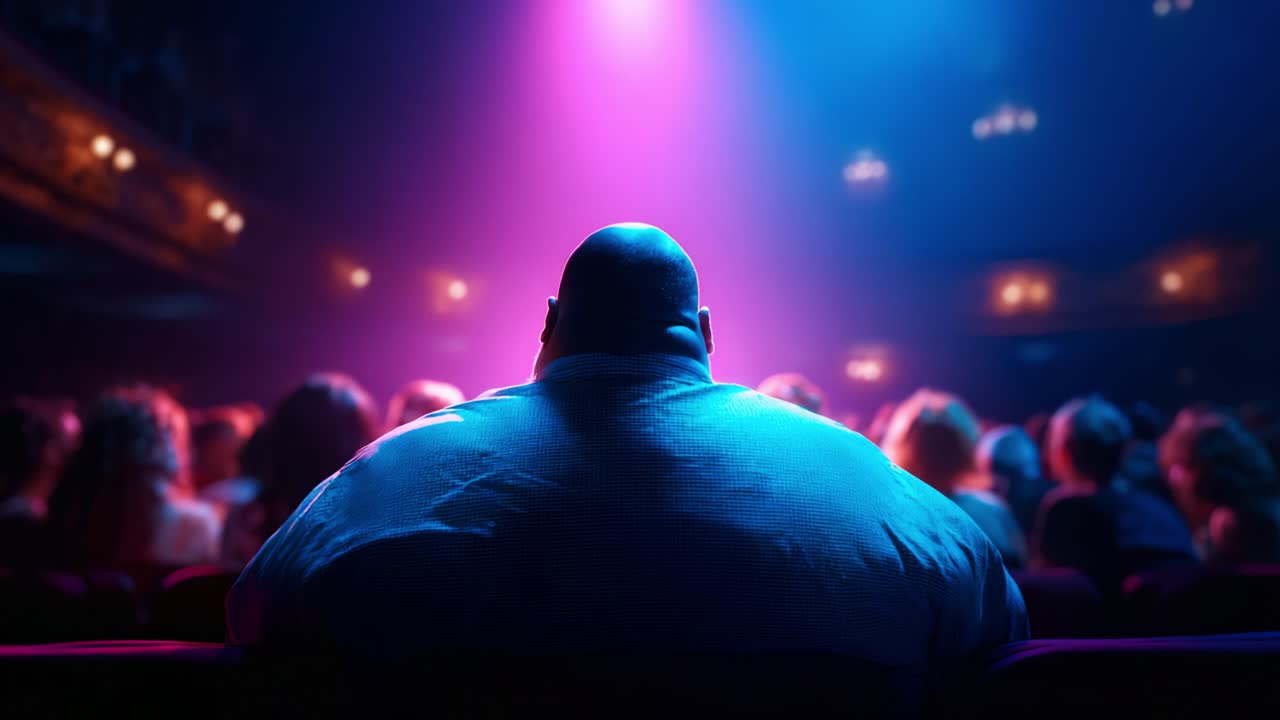 A Captivating Evening of Entertainment: An Individual Absorbed in the Experience, Surrounded by a Sea of Eager Faces in a Colorful, Ambient Theater Setting