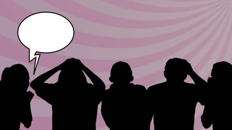 animación de siluetas de personas con burbujas de habla sobre rayas en fondo rosa