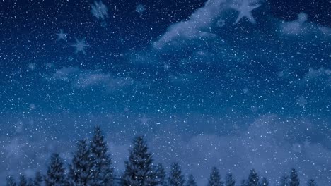 animation of snow falling over fir trees in winter landscape