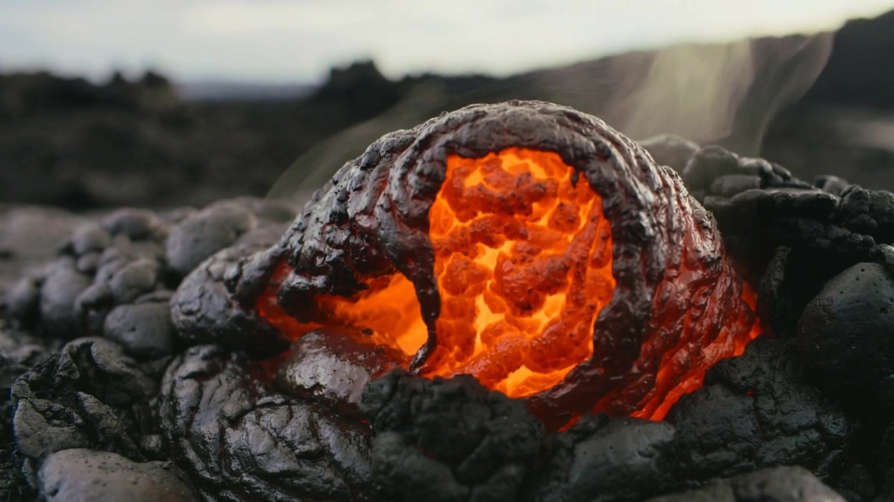 Crosta scura e solida che si incrina, assottigliandosi e rivelando una sacca di lava incandescente in un campo lavico, con emissione di vapore.